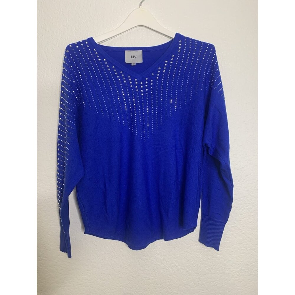 Liv Milano Sweater Women Sz M Rhinestone Pullover V Neck Soft Stretch Dolman 80s